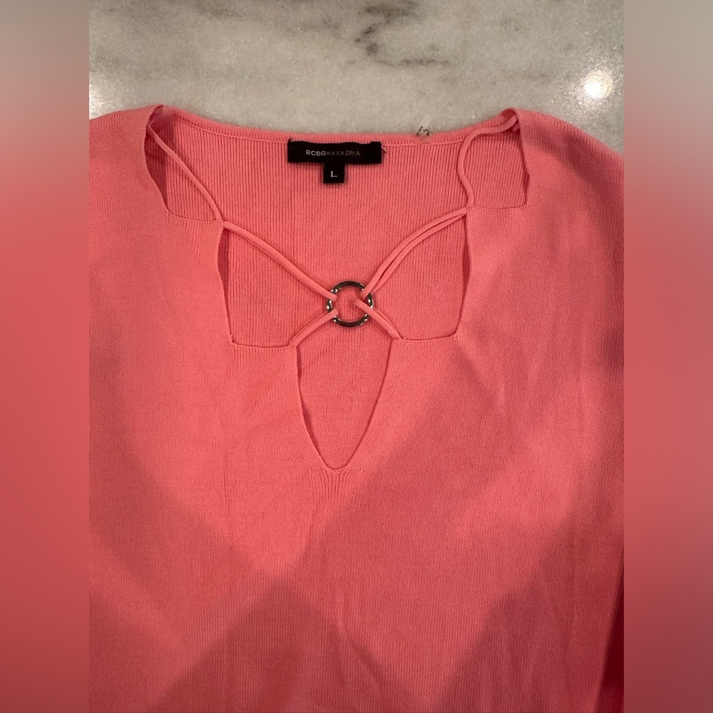 EUC BCBGMAXAZRIA Peachy Pink Sweater Dress Cutout Neck Detail w/ Tie at Waist - Picture 4 of 14